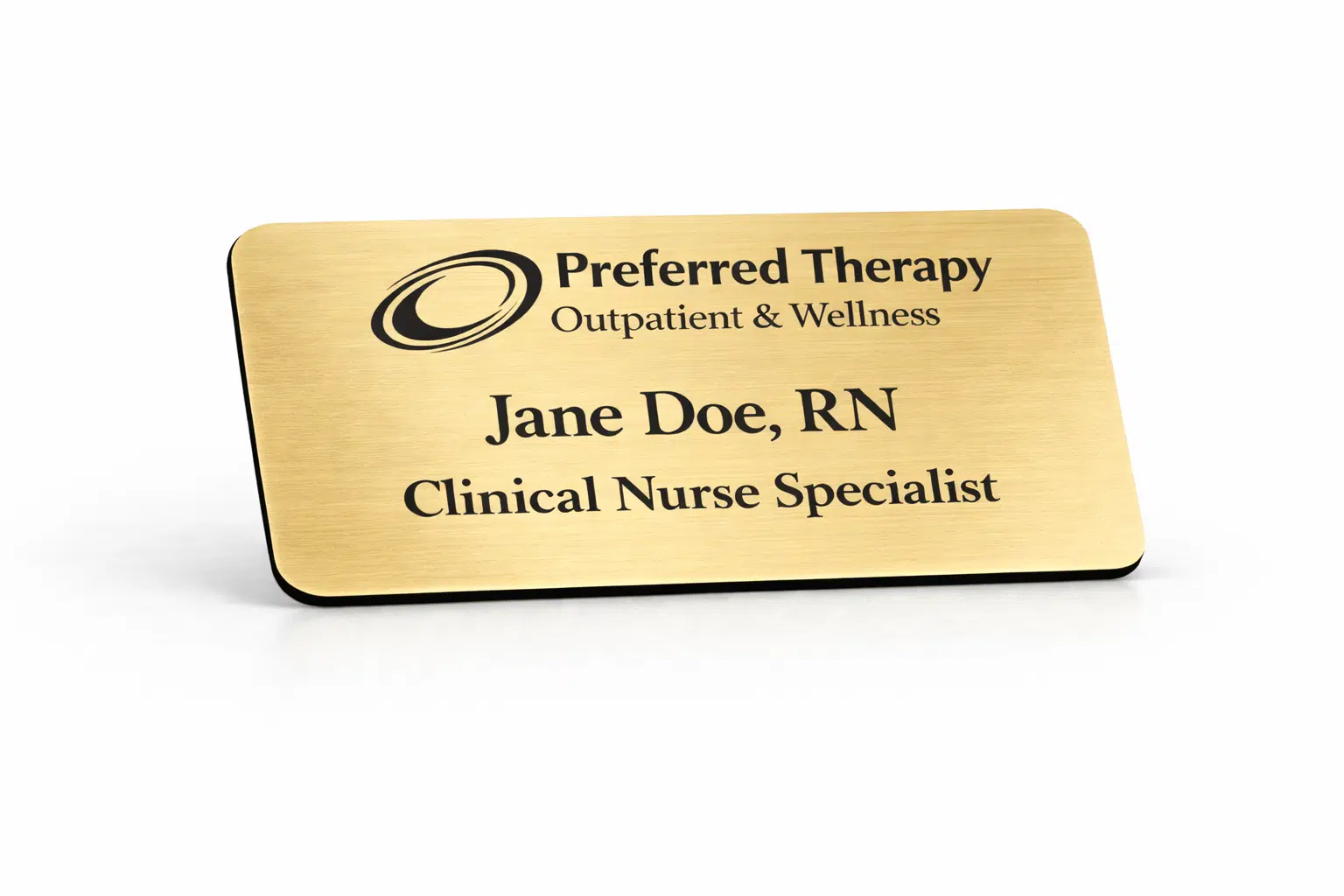1.5x3 size gold engraved name tag with logo and name and title