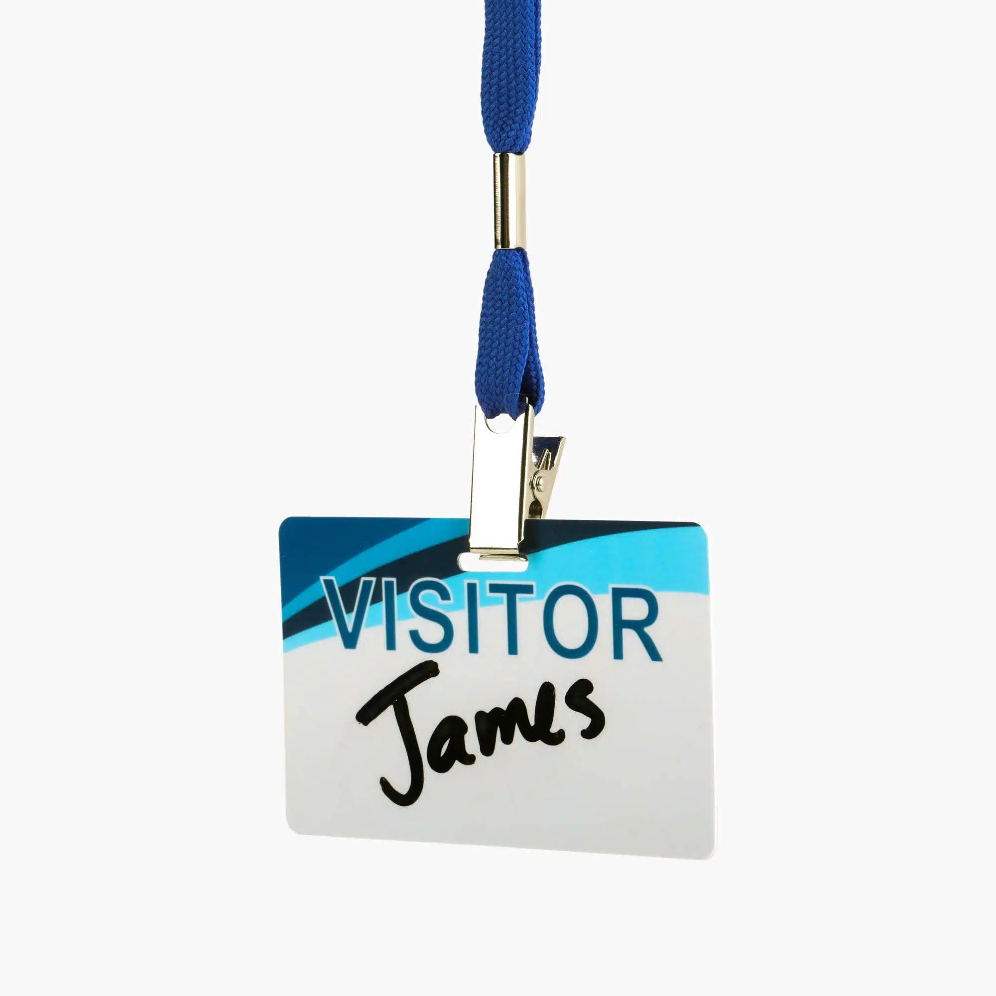 Reusable visitor badge with blue lanyard attachment