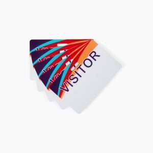 Stack of reusable visitor badges in red and orange color design